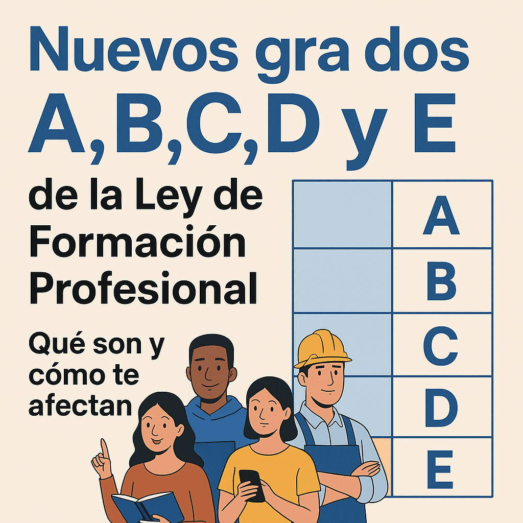 Imagen informativa sobre los nuevos grados A, B, C, D y E de la Ley de Formación Profesional. Incluye un título grande que dice "Nuevos grados A, B, C, D y E de la Ley de Formación Profesional. Qué son y cómo te afectan